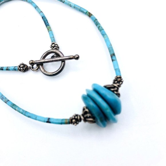 Vintage Heishi Necklace Turquoise Heishi and Nugget Beaded Necklace 16 in - Picture 2 of 10